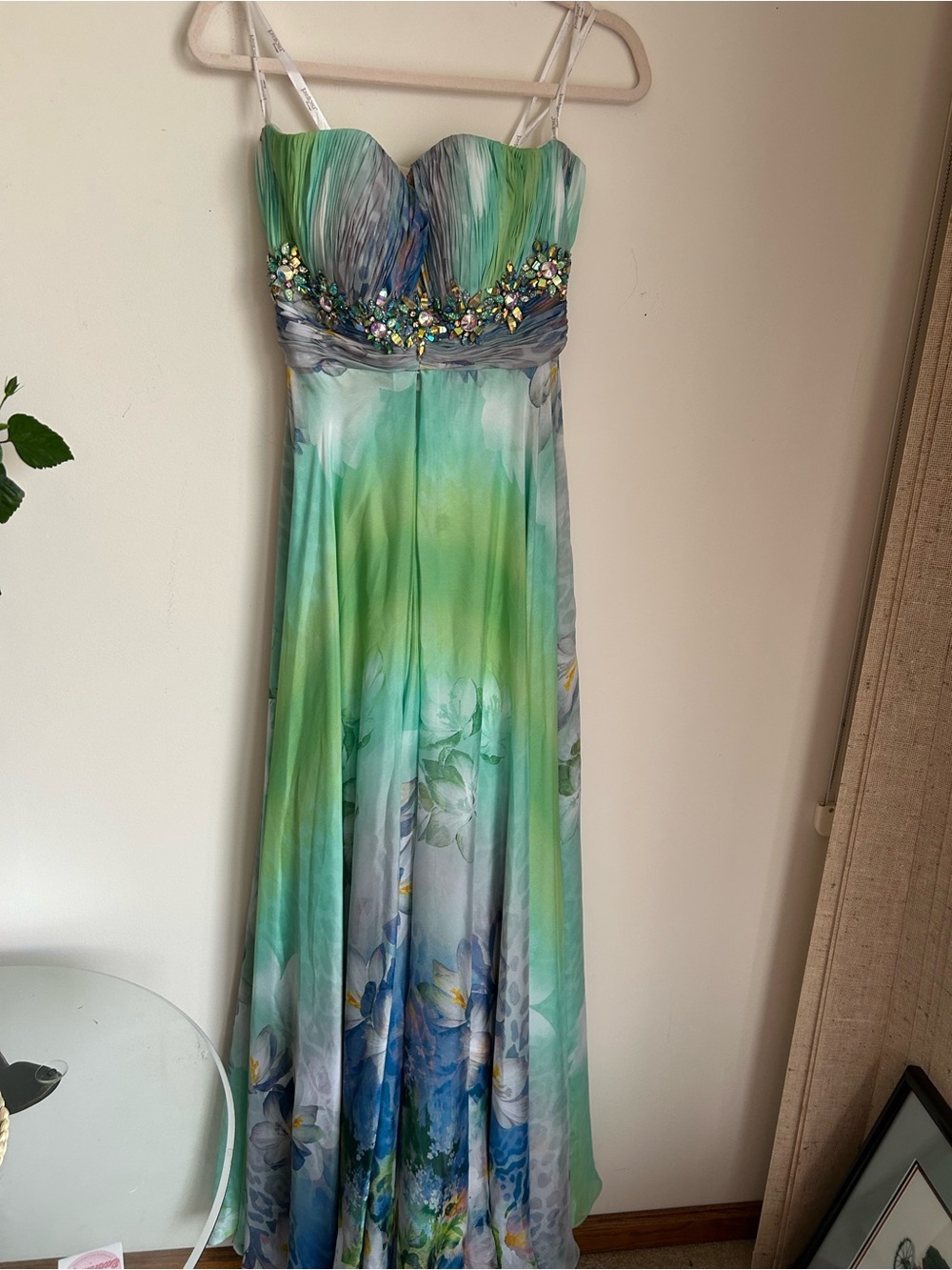 Y2k Tony Bowls Strapless Beaded Bodice Green Ombre Floral Maxi Dress
